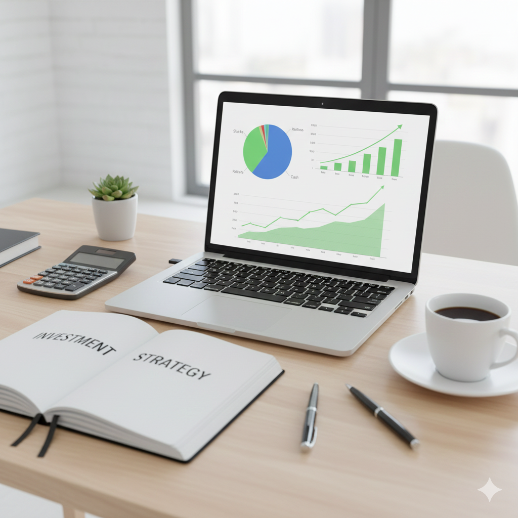 균형 잡힌 포트폴리오와 분석 도구가 놓인 스마트한 투자자의 책상